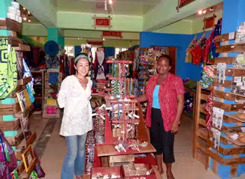 Maki Kawamoto (JICA Volunteer) with Fafali Tamakloe (Sales Representative) in the colorful Global Mamas store located behind Koala in Osu, Accra, Ghana. Maki Kawamoto (JICA Volunteer) with Fafali Tamakloe (Sales Representative) in the colorful Global Mamas store located behind Koala in Osu, Accra, Ghana.