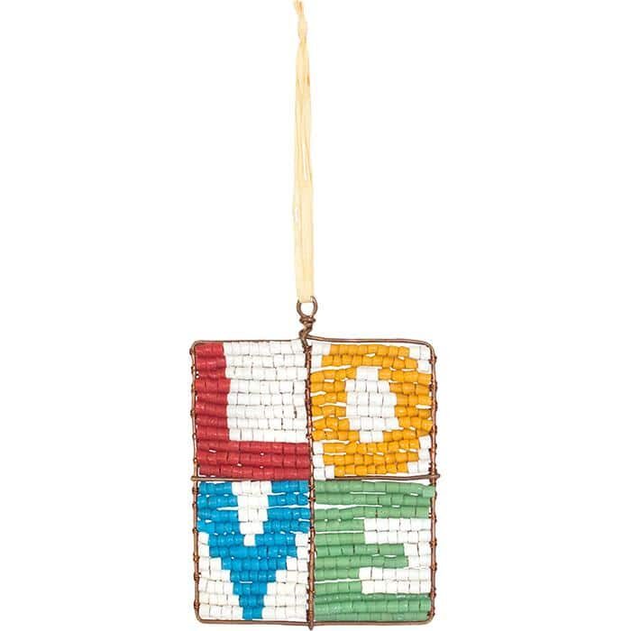 Multicolored mosaic-block ornament, lettered L.O.V.E.