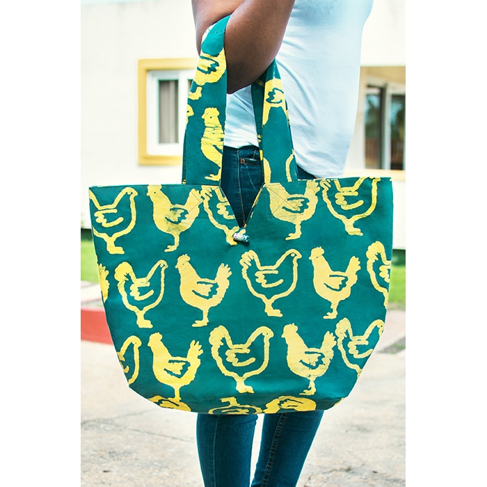 Basket Tote Bag: Chickens - Teal-Organic - Image 2