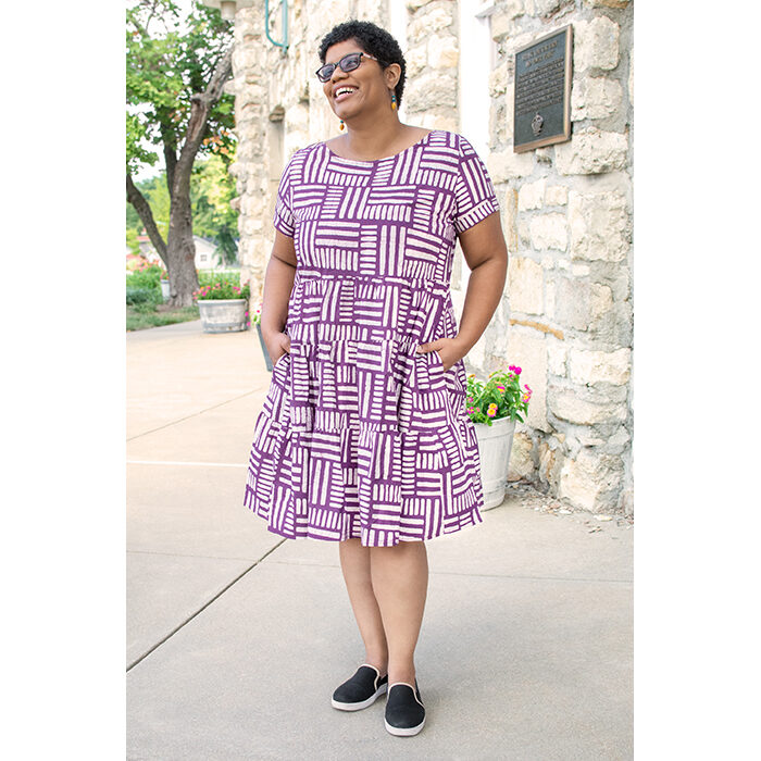 WomensDressTieredShortCheckersPurpleLifestyleWeb