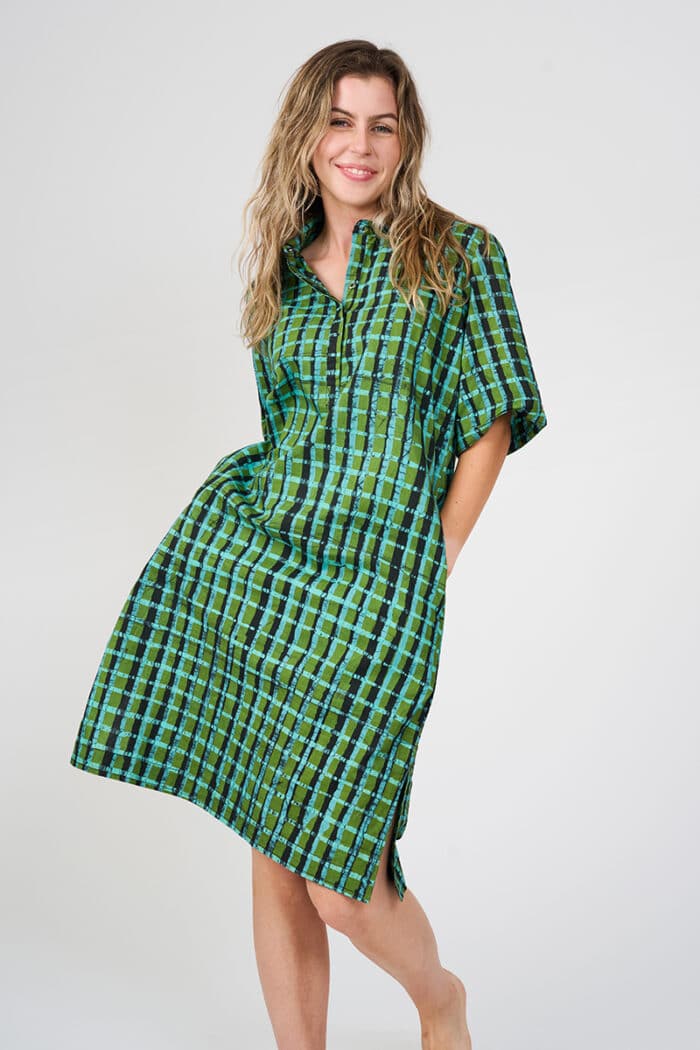 Tema Dress: Plaid - Olive-Organic