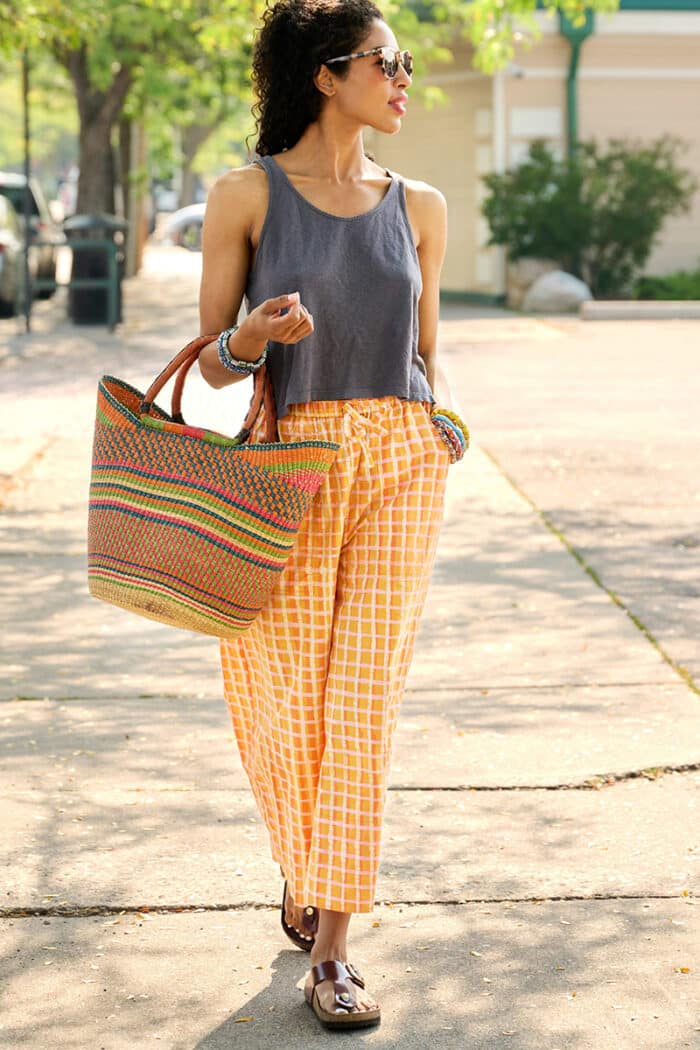 Trousers-Crop: Plaid - Gold-Organic