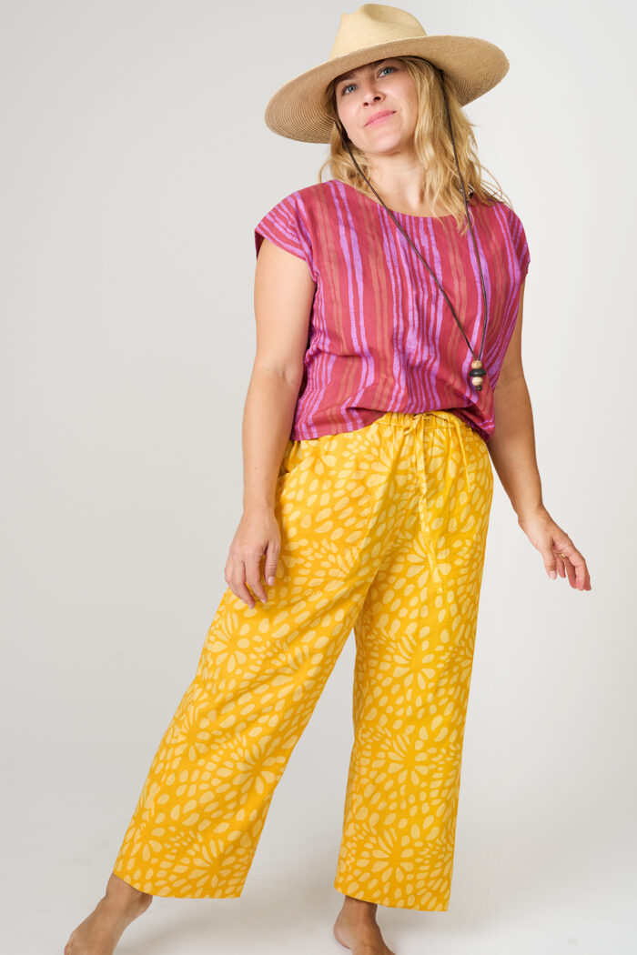 Trousers-Tenos: Floral Burst - Gold-Organic