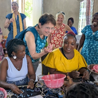 Visting the beading department at the Global Mamas Fair Trade Zone during a Fair Trade Tour in Kpong