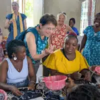 Visting the beading department at the Global Mamas Fair Trade Zone during a Fair Trade Tour in Kpong