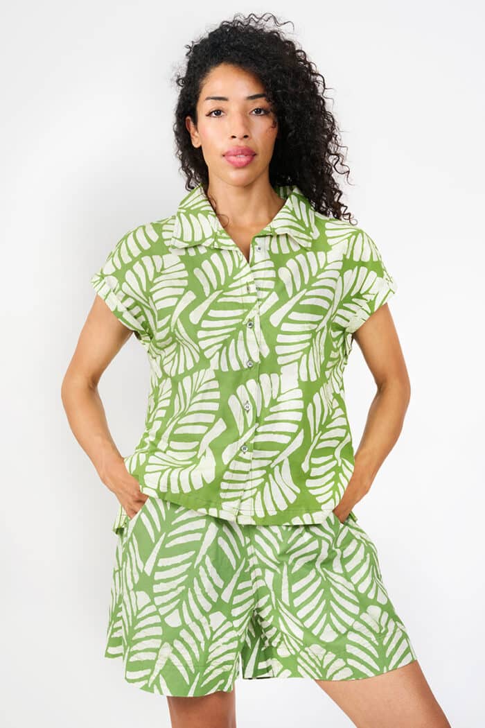 Cabana Blouse: Deco Leaf - Olive-Organic