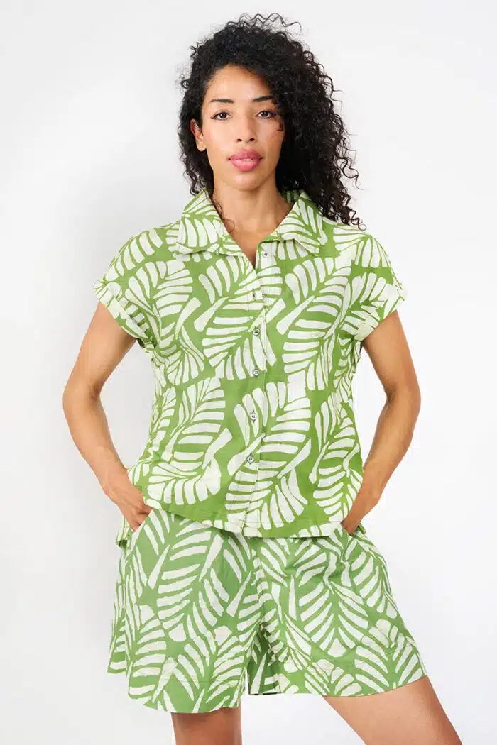 Cabana Blouse: Deco Leaf - Olive-Organic